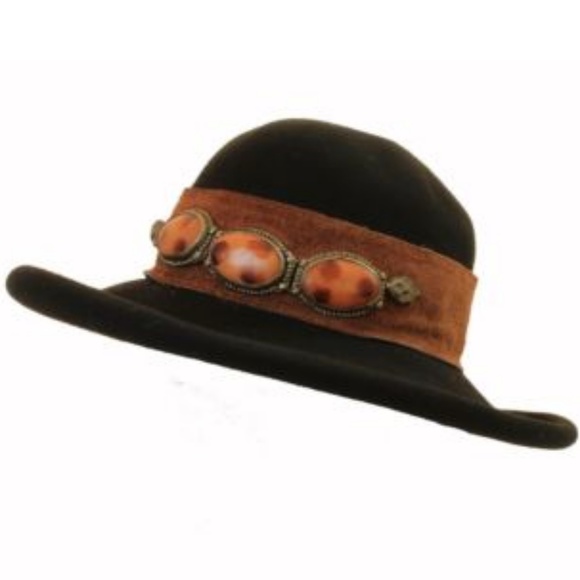 Eric Javits Black Wool Hat Wide Brim Suede Band with Stones Vintage Retro HTF - Picture 4 of 8